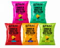 Five Graze kettle-cooked potato chip bags together on white background featuring seed oil free chips cooked in 100% grass-fed beef tallow.