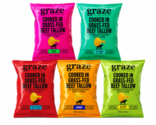 Five Graze kettle-cooked potato chip bags together on white background featuring seed oil free chips cooked in 100% grass-fed beef tallow.