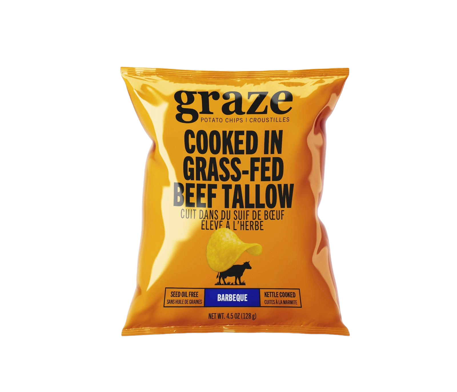 Orange package of graze potato chips cooked in grass-fed beef tallow Barbeque flavour on a transparent background