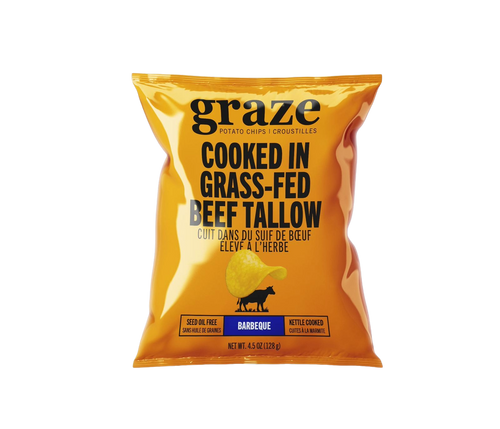 Orange package of graze potato chips cooked in grass-fed beef tallow Barbeque flavour on a transparent background