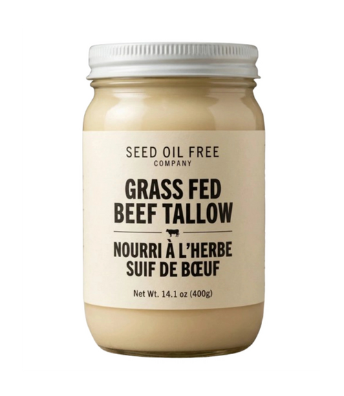 100% grass-fed beef tallow cooking fat in premium can for frying, roasting, and seed oil free high-heat cooking.