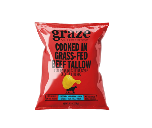 Red package of graze potato chips cooked in grass-fed beef tallow cheddar sour cream & onion flavour on a transparent background