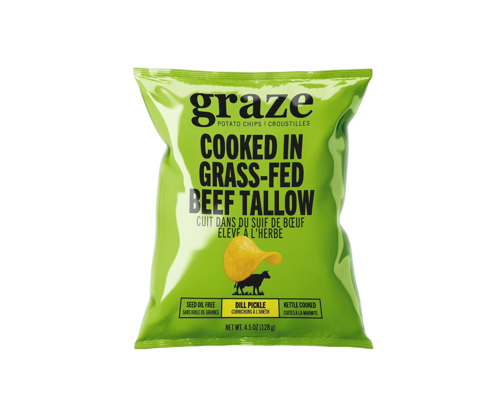 Green package of graze potato chips cooked in grass-fed beef tallow dill pickle flavour on a transparent background