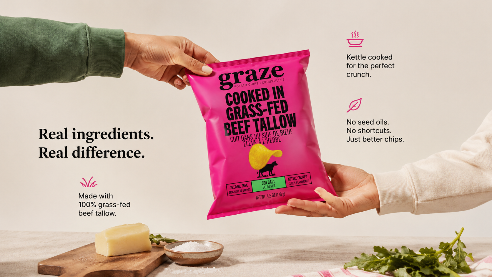 Graze brand beef tallow packaging being passed between two hands with product details on a neutral background.