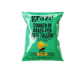 Green package of graze potato chips cooked in grass-fed beef tallow salt & vinegar flavour on a transparent background
