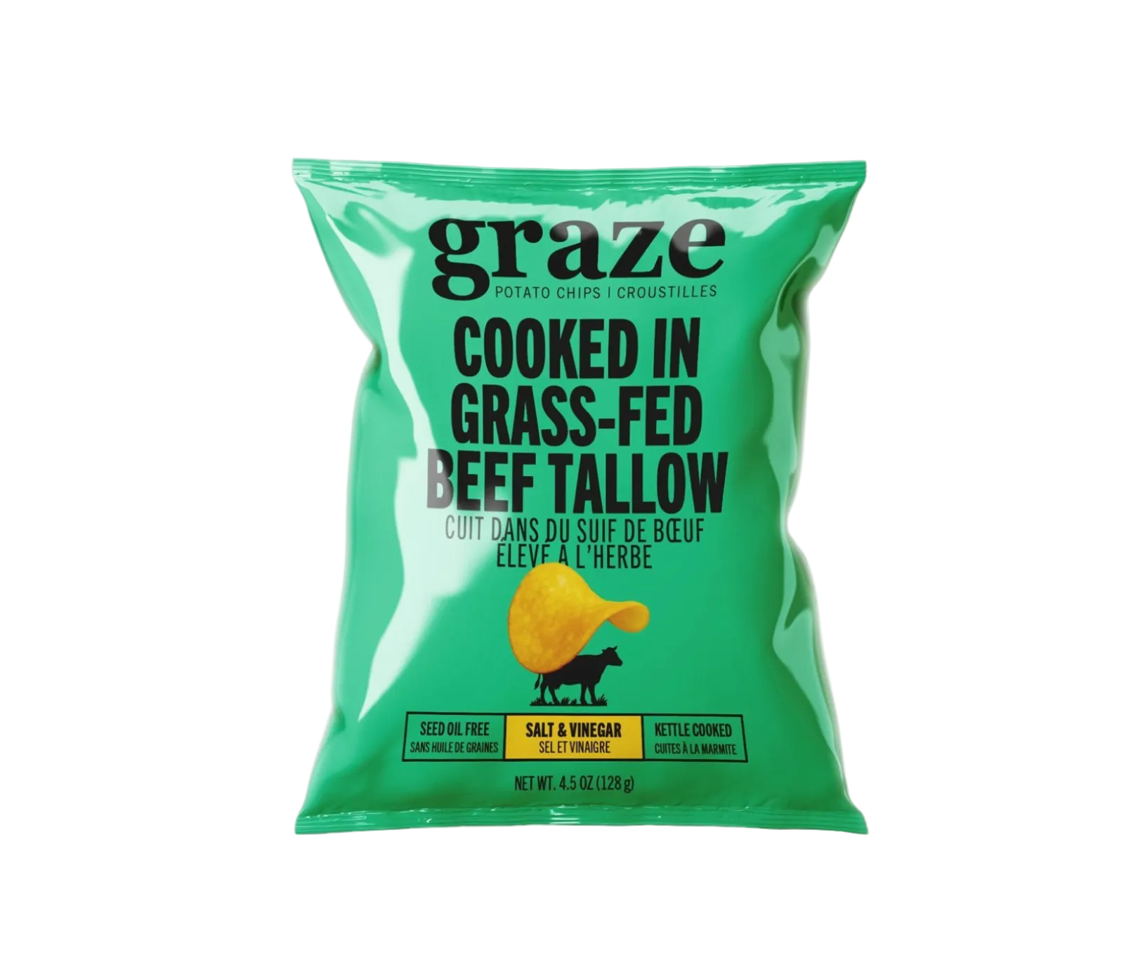 Green package of graze potato chips cooked in grass-fed beef tallow salt & vinegar flavour on a transparent background